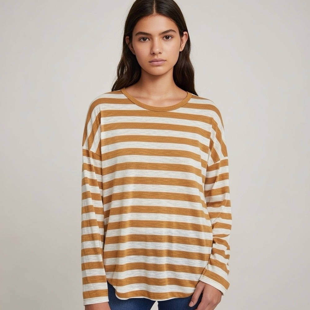American Eagle Outfitters Mustard and White Striped Long Sleeve Tee